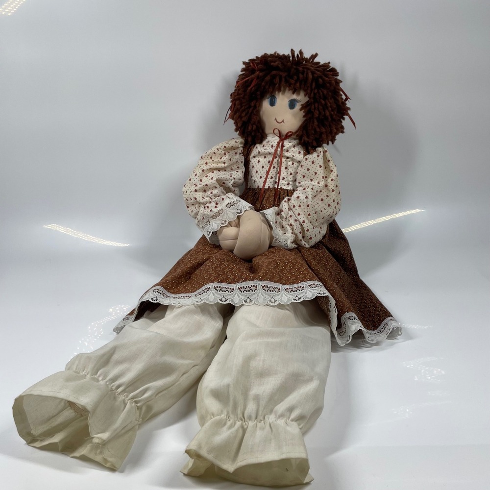 Vintage Handmade Rag Doll Brown Yarn Hair Floral Dress Lace Bloomers 29"